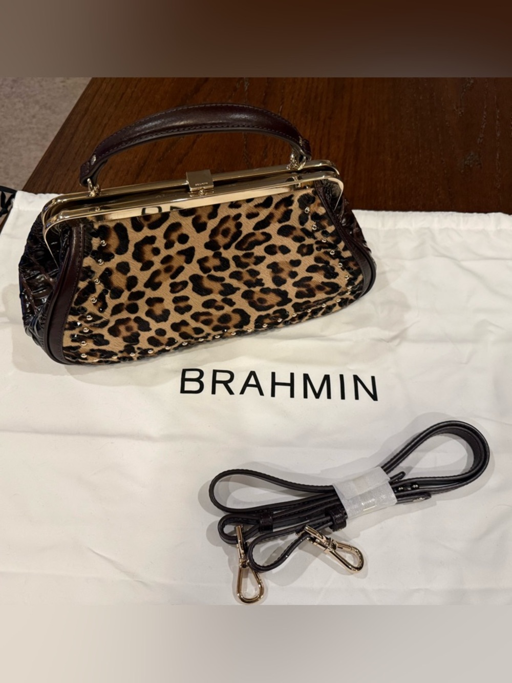 Brahmin Cocoa Albertina Emmett Leopard Print Top-Handle Bag